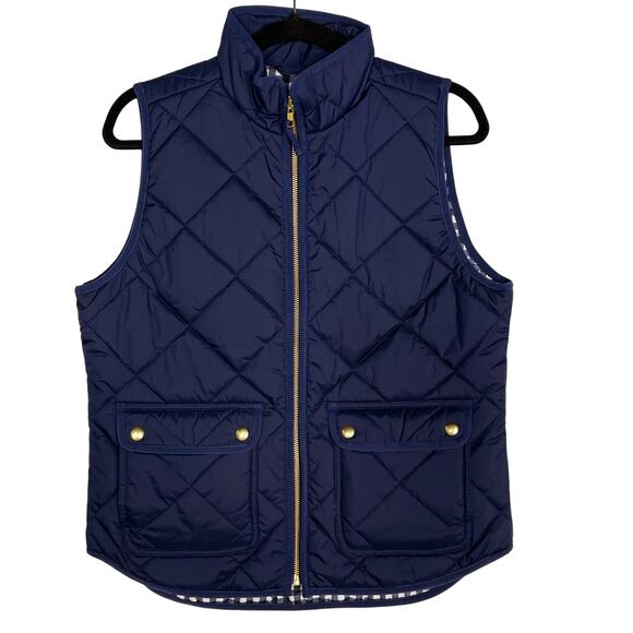 J Crew Womens Small Navy Blue Puffer Vest Quilted With Snap Pockets Gold Zipper - Picture 1 of 10